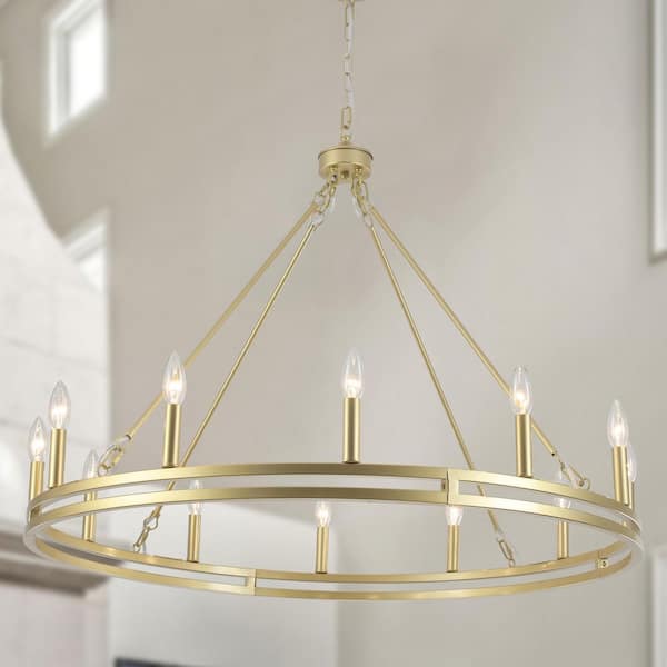 38 in. 12-Light Spray Gold Industrial Candle Wagon Wheel Chandelier Modern Round Hanging Light for Restaurant Bar