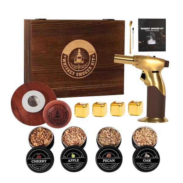 Gold Whiskey Smoker Kit with Torch, 4 Flavors Wood Chips&Whisky Stones Bourbon Smoker Kit (No Butane)