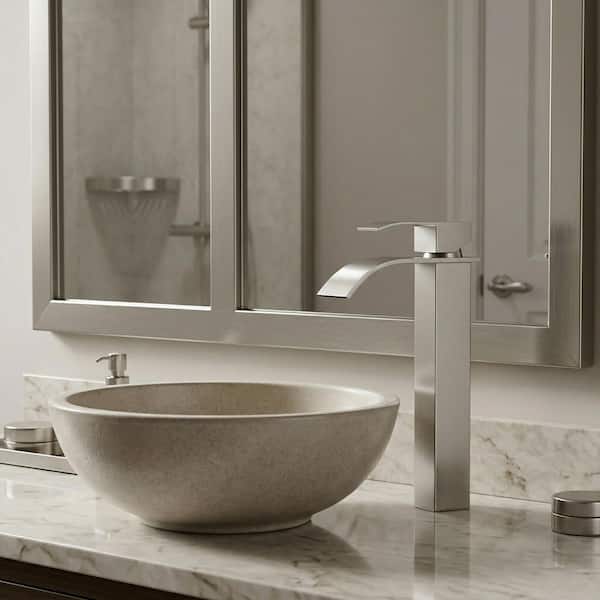 Waterfall Single Hole Single Handle Tall Bathroom Sink Faucet with Supply Hose and Pop-Up Drain in Brushed Nickel