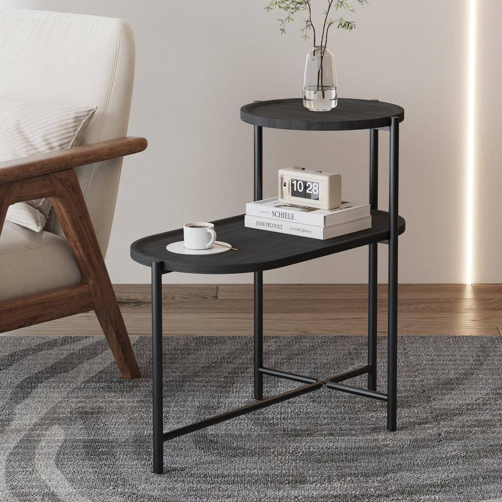 Zeus & Ruta Black Round Coffee Table with Storage Tray 2 Tier Oval