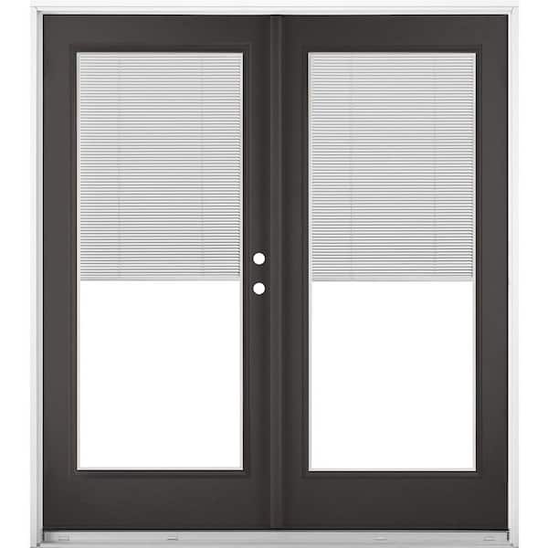 60 in. x 80 in. Black Left-Hand Inswing Fiberglass Full Lite LOE Blinds Glass Hinged Patio Door