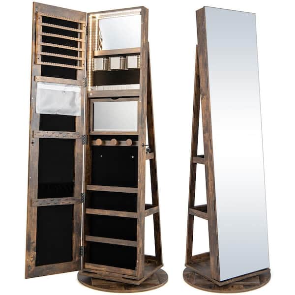 Brown 360° Swivel LED Mirror Coffee Jewelry Box Cabinet Organizer