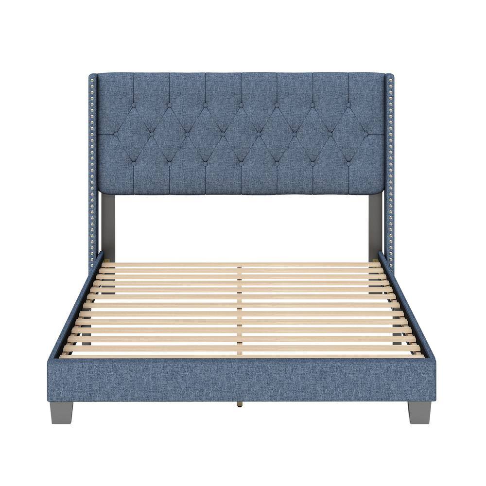Sophia Blue Linen Queen Platform Bed with Tufted Wingback Headboard