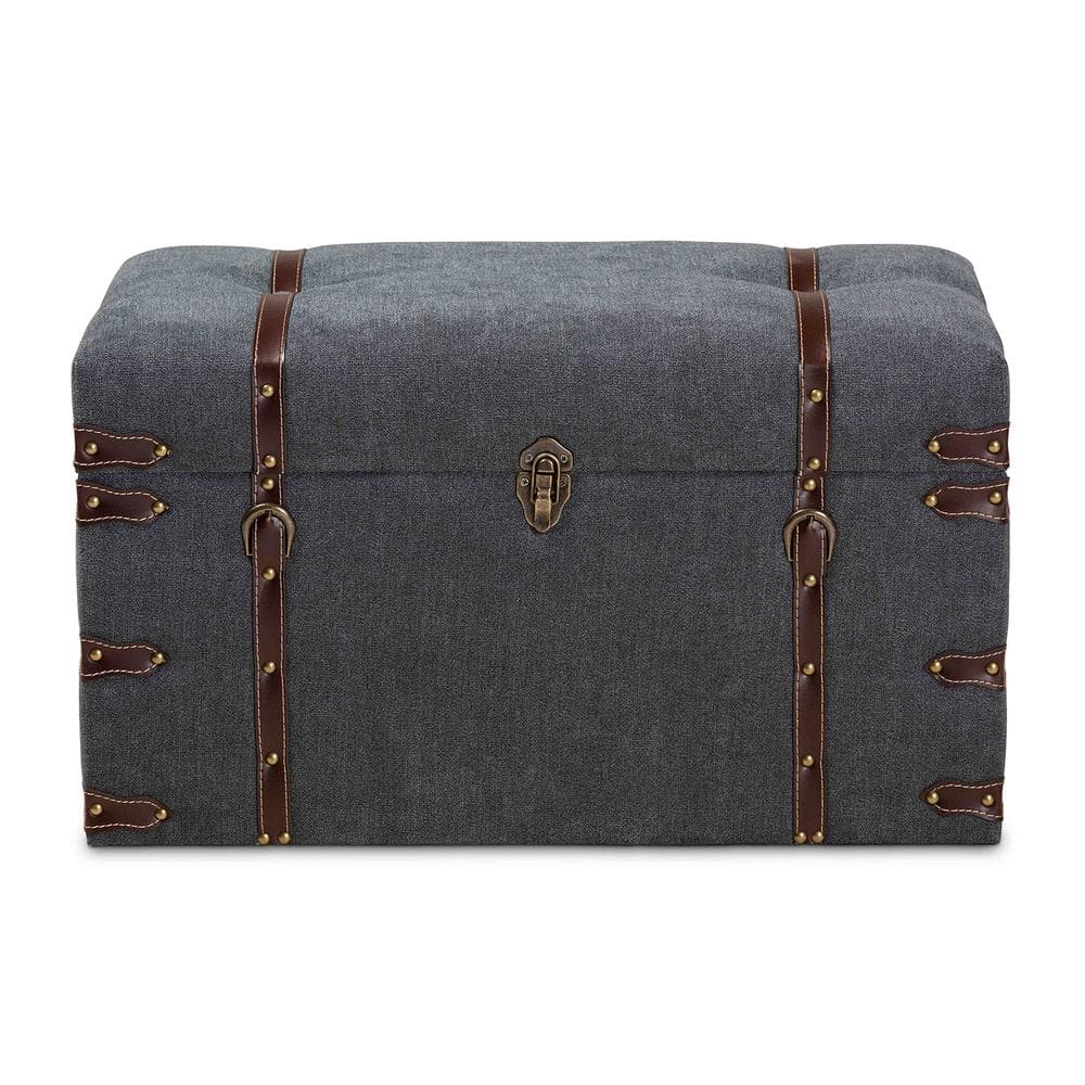 Palma Gray Fabric Upholstered Storage Trunk Ottoman with Brass Accents