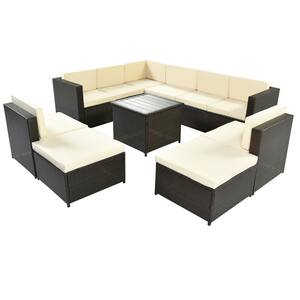 Black 9-Piece Wicker Patio Conversation Set with Beige Cushions and Wood-Top Coffee Table