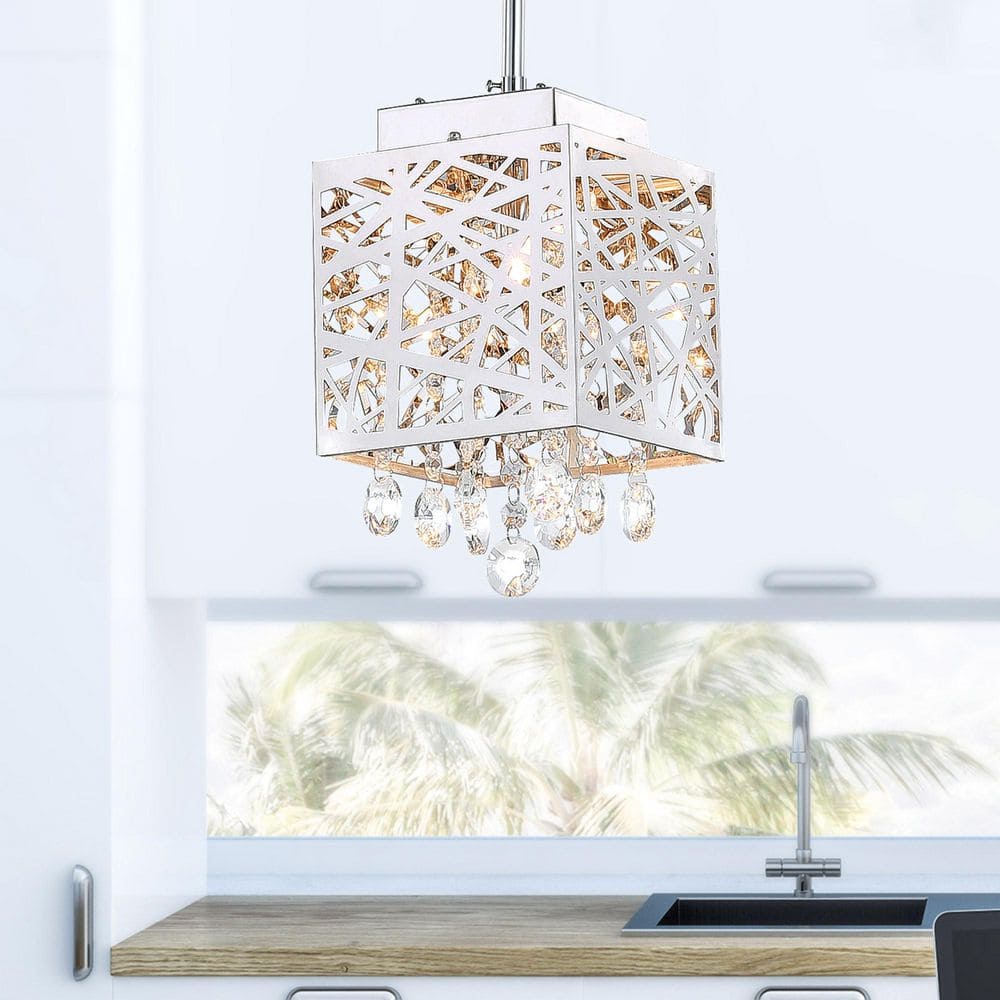 Chrome Mini Drum Pendant with Crystal Drops and LED Light