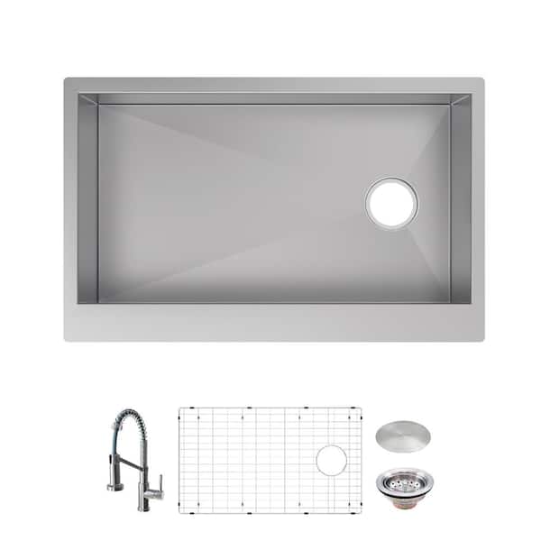 Glacier Bay Professional Zero Radius 33 in. Apron-Front Single Bowl 16 Gauge Stainless Steel Workstation Kitchen Sink with Faucet