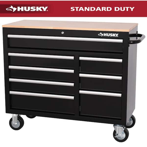 Husky 42 in. W x 18.1 in. D 8-Drawer Black Mobile Workbench Cabinet with Solid Wood Top