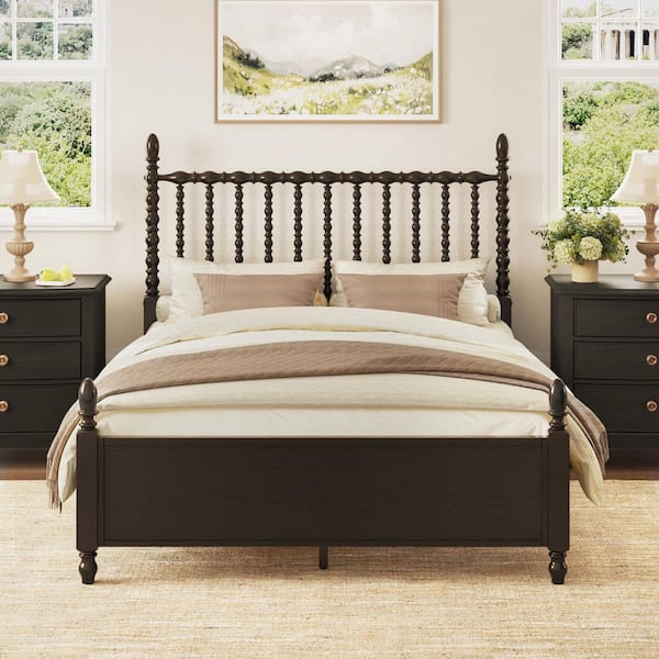 Brown Solid Wood Frame Queen Size Platform Bed Frame with Spindle Design Headboard, Slat, and Footboard