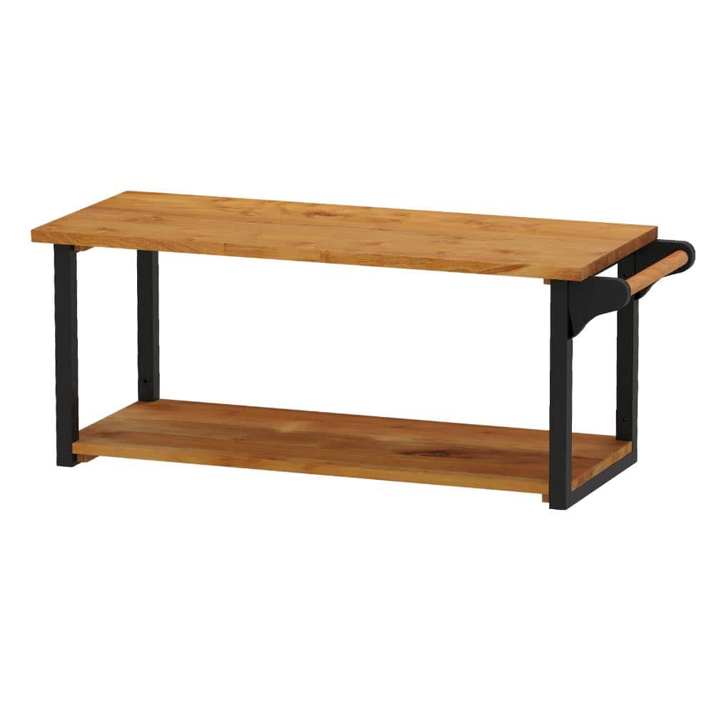 2-Tier Teak Wood Wall-Mounted Floating Shelf with Towel Bar, 15.5 in. Deep Bathroom Storage Rack