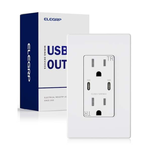 ELEGRP 30-Watt Type A & Type C USB Duplex Wall Outlet for PD and QC, 15 Amp Receptacle, w/Wall Plate (1-Pack, White)