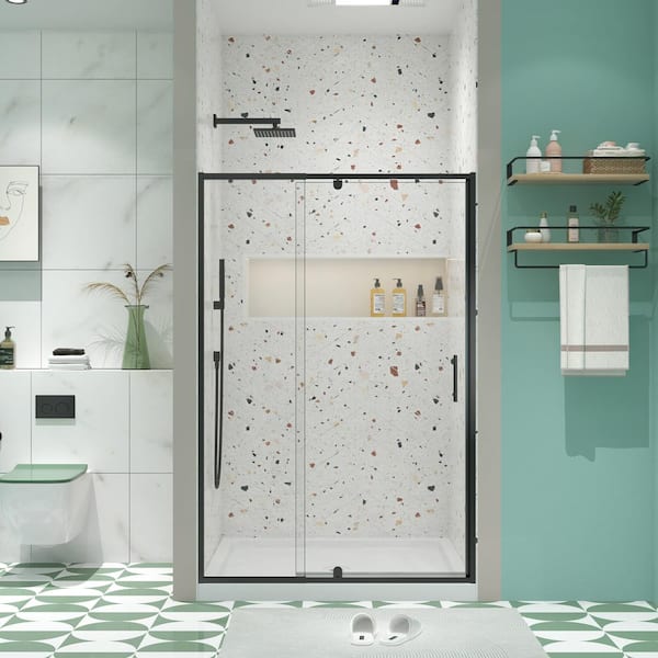 JimsMaison 42 in. W x 71 in. H Pivot Framed Shower Door in Matte Black Finish with Tempered Glass