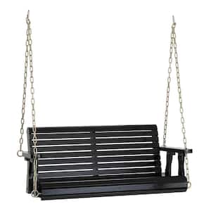 4 ft. Black Wood Patio Porch Swing with Adjustable Chains, Support 880 lbs., Durable PU Coating