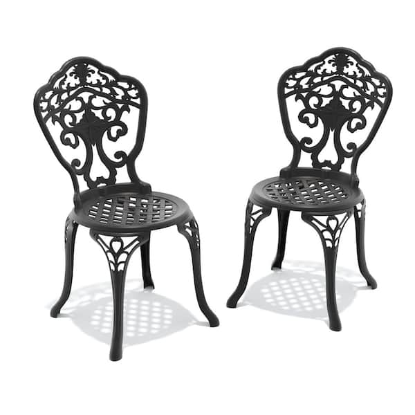 2-Piece Black Cast Aluminum Outdoor Dining Chair with Elegant European-Style Pattern