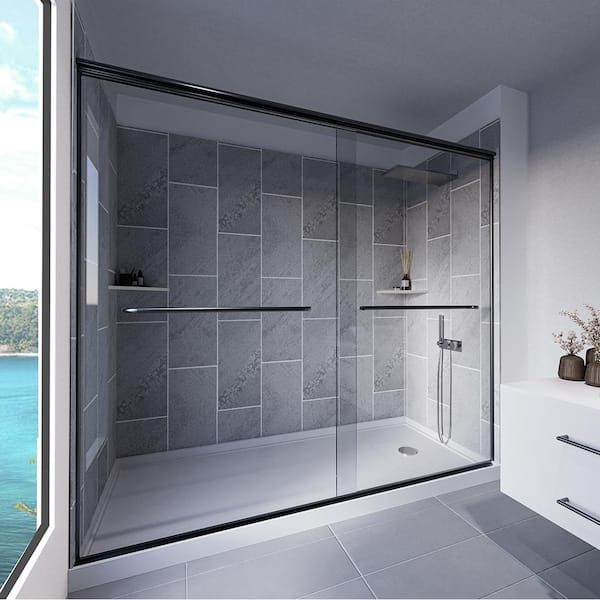 NuVo Slate Grey-Rainier 60 in. x 32 in. x 83 in. Base/Wall/Door Rectangular Alcove Shower Stall/Kit Matte Black Right