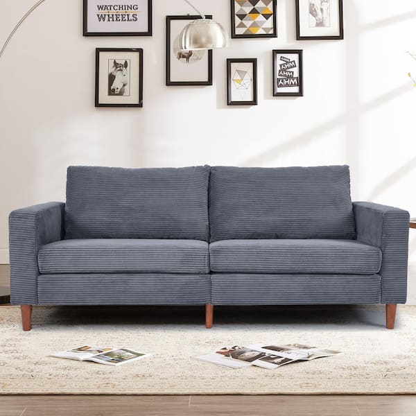 WONDER COMFORT Simple Retro 74 in. Grey Comfy Corduroy Rectangle 2-Seater Loveseat with Solid Wood & 2 Pillows