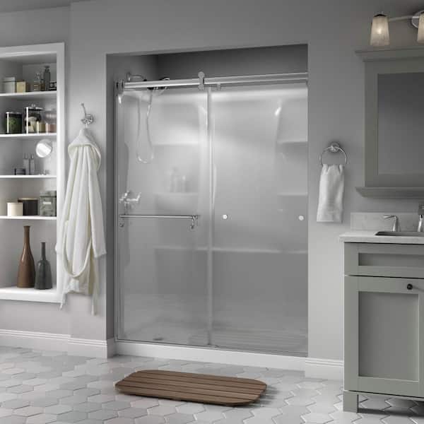 Delta Portman Contemporary 50-1/8 to 58-1/2 in. W in. x 71 in. H Frameless Sliding Shower Door, Chrome, Frosted Glass