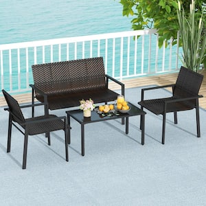 4-Piece Metal Wicker Patio Conversation Seating Set with Heavy Duty Galvanized Metal Frame- Brown