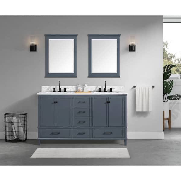 Home Decorators Collection Merryfield 61 in. W x 22 in. D x 35 in. H Double Sink Freestanding Bath Vanity in Dark Blue-Gray with Carrara MarbleTop