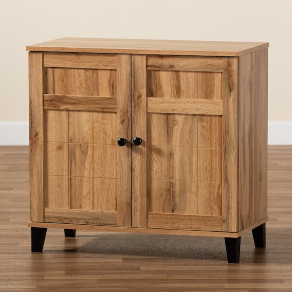 Baxton Studio Glidden Oak Brown and Black Wood 2 Door Shoe Cabinet