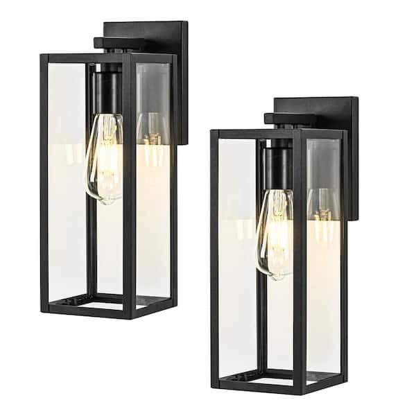 14.25 in. 1-Light Textured Black Outdoor Hardwired Wall Lantern Porch Sconce with Clear Glass, No Bulbs Included(2-Pack)