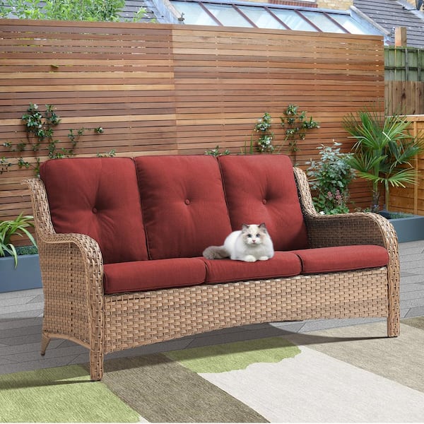 Gymojoy Carolina 1-Piece Wicker Patio 3-Seat Sofa Outdoor Couch with Cuhsion Guard with Red Thick Deep Cushions