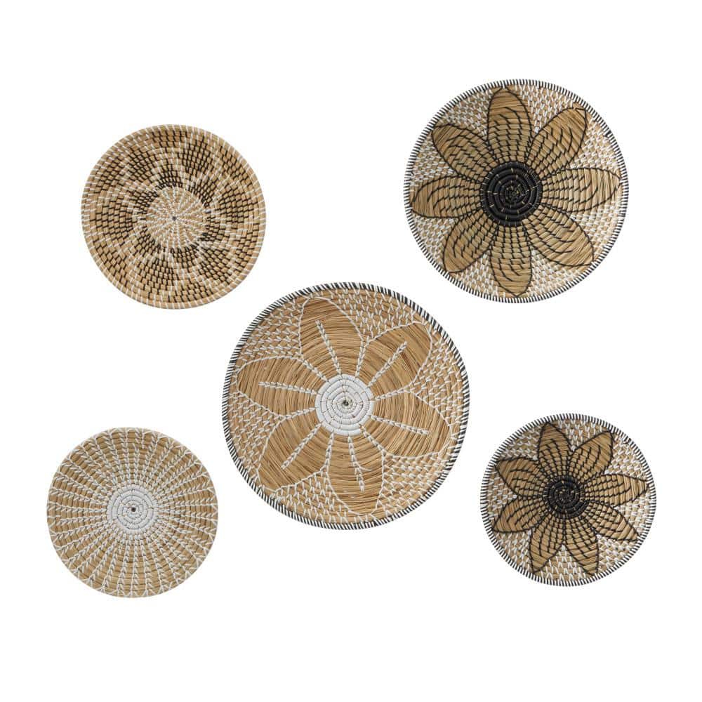 Handmade Brown and White Seagrass Embroidered Wall Sculpture Set