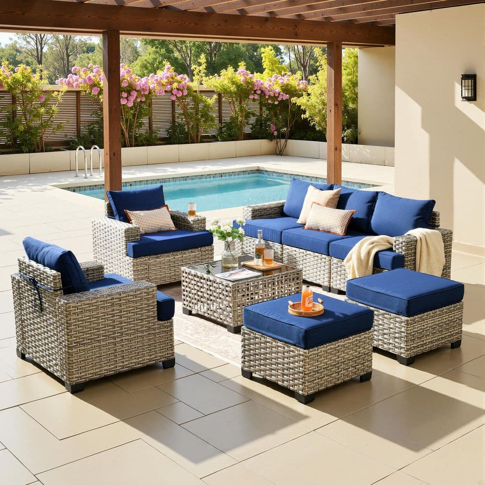 Coral 8-Piece Wicker Outdoor Patio Conversation Sofa Set with a Solar-LED Table and Navy Blue Cushions price history on PriceWatchPro