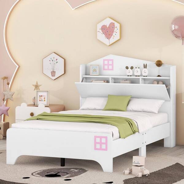 Harper & Bright Designs White Twin Size Wood House Bed with Storage Headboard, Platform Bed with Storage Shelf