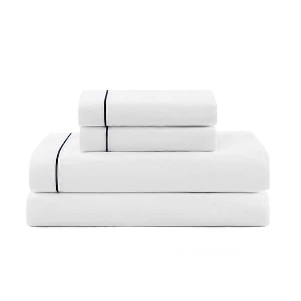 Tommy Hilfiger Solid 4-Piece White/Core Navy Cotton King Sheet Set