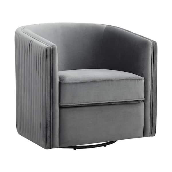 Lazzara Kaitlyn Gray Pleated Velvet Swivel Chair with Reversible Seat Cushion