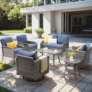 Camellia 7-Piece Wicker Patio Conversation Seating Sofa Set with Denim Blue Cushions and Swivel Rocking Chairs