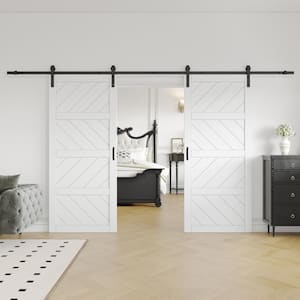 72 in. x 84 in.（Two 36 in. Slabs）White 4 Lite Wave Shape Prefinished Sliding Barn Door with Hardware Kit