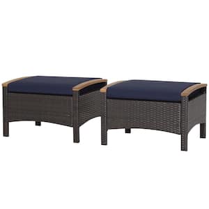 Wicker Patio Outdoor Ottoman Fade-Resistant with Navy Cushion (2-Pack)