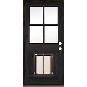 32 in. x 80 in. Knotty Alder Left-Hand/Inswing 4-Lite Clear Glass Black Stain Wood Prehung Front Door w/Large Dog Door