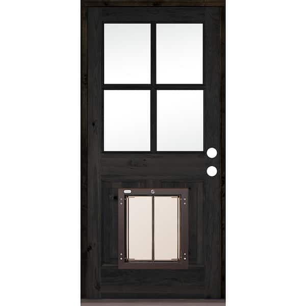 Krosswood Doors 36 in. x 80 in. Left-Hand 4 Lite Clear Glass Black Stained Wood Prehung Door with Large Dog Door
