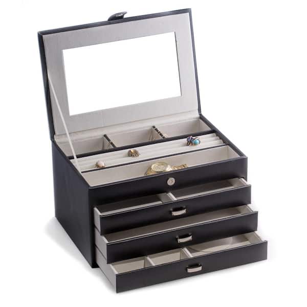 BEY-BERK Black Leather 4-Level Jewelry Box with Multi-Compartments