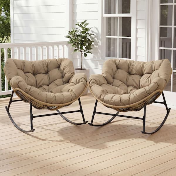 Oversized Brown PE Wicker Outdoor Rocking Chair Papasan Chair with Brown Cushion (2-Pieces)