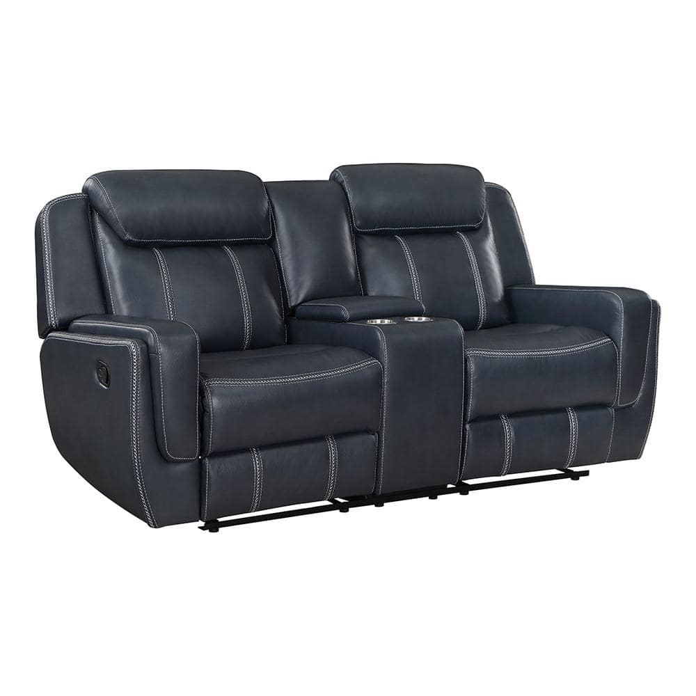 Blue Faux Leather Reclining Loveseat with Cup Holders