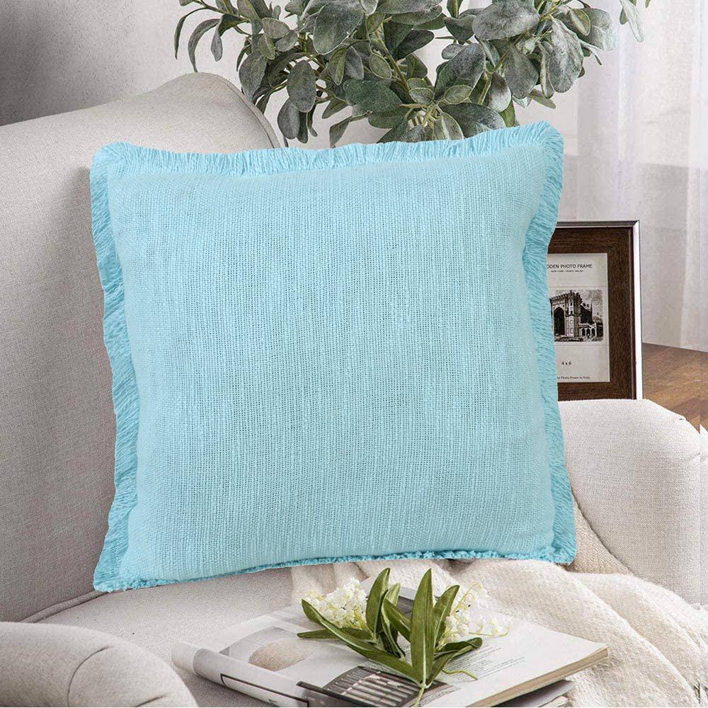 Casper Light Blue Cotton Fringed 20" Square Throw Pillow Set
