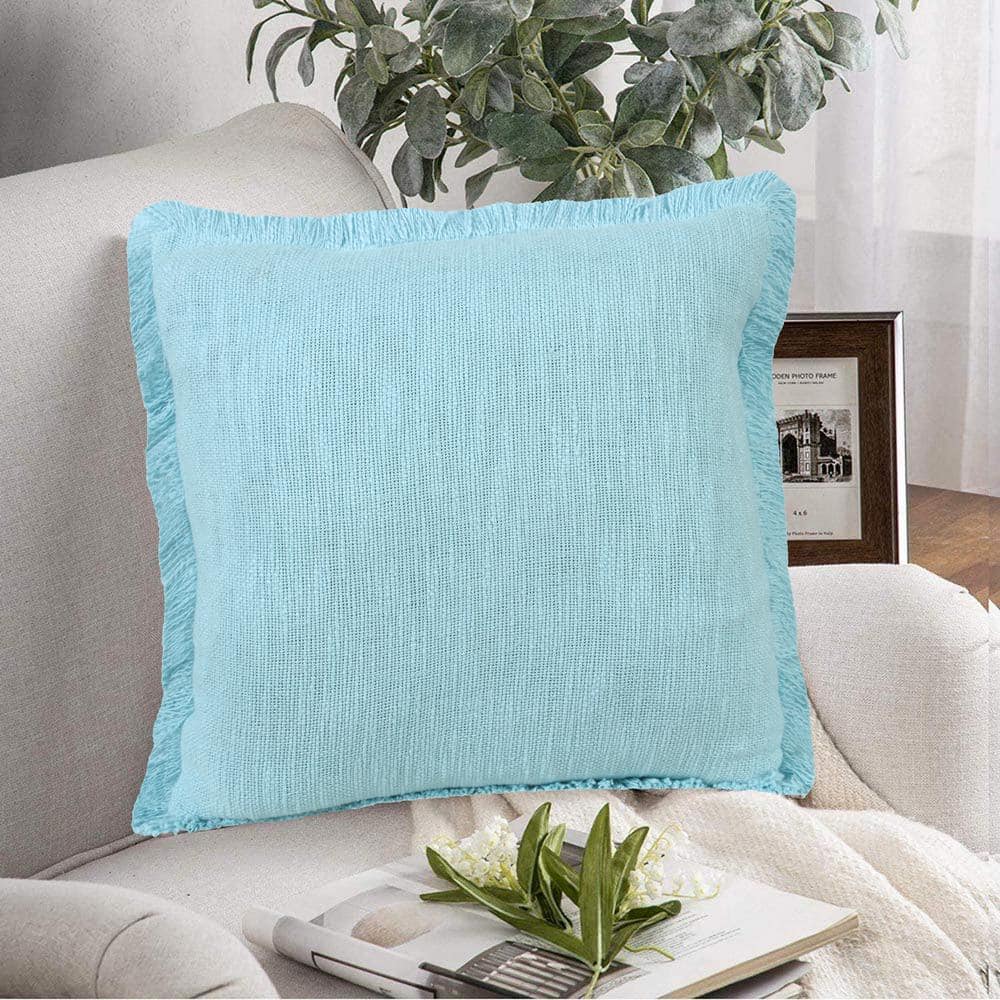 Casper Light Blue Cotton Fringed 20" Square Throw Pillow Set