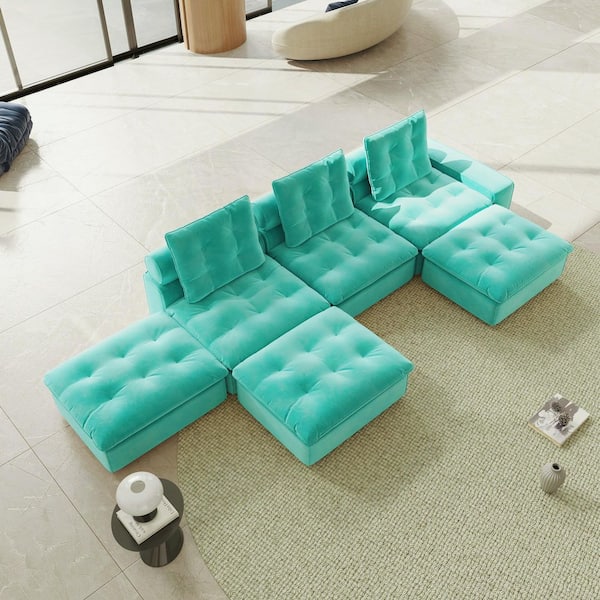 Magic Home Modern Oversized 209 in. Square Arm Deep Seat 6-Seater Frosted Velvet Cloud Couch Modular Sectional Sofa in Tiffany Blue
