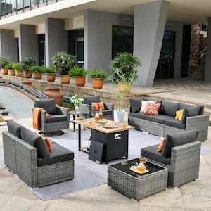Hippish Gray 11-Piece Wicker Patio Fire Pit Table Conversation Set with Black Cushions and Swivel Rocking Chairs