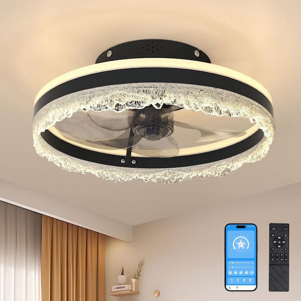 Virella 16 in. LED Indoor Black Crystal Bladeless Low Profile Ceiling Fan Flush Mount Smart App Remote Control, Dimmable