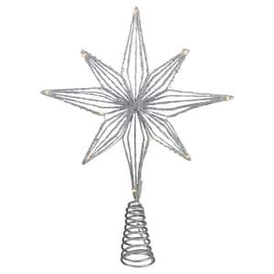 13.75 in. LED Lighted B/O Silver Glittered Geometric Star Tree Topper White Lights