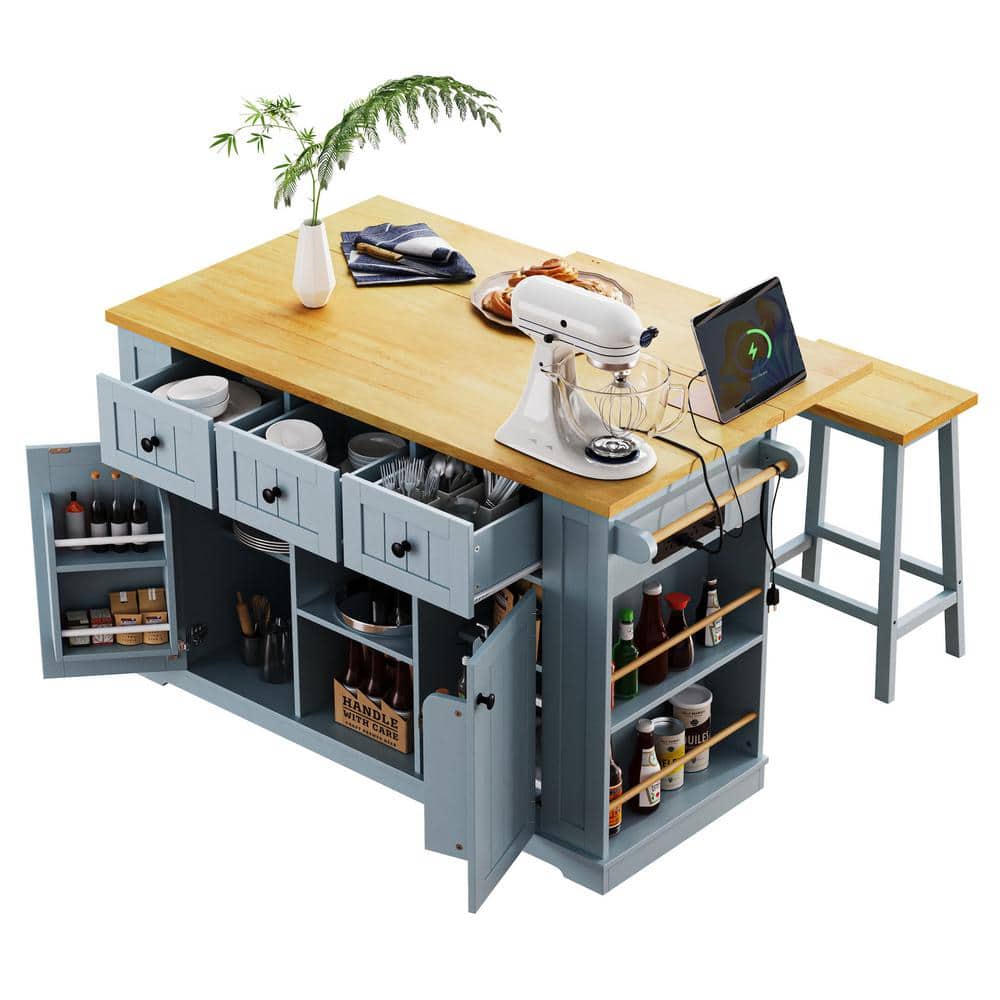 Boosicavelly GreyBlue MDF Kitchen Cart with Drop Leaf, Power Outlet