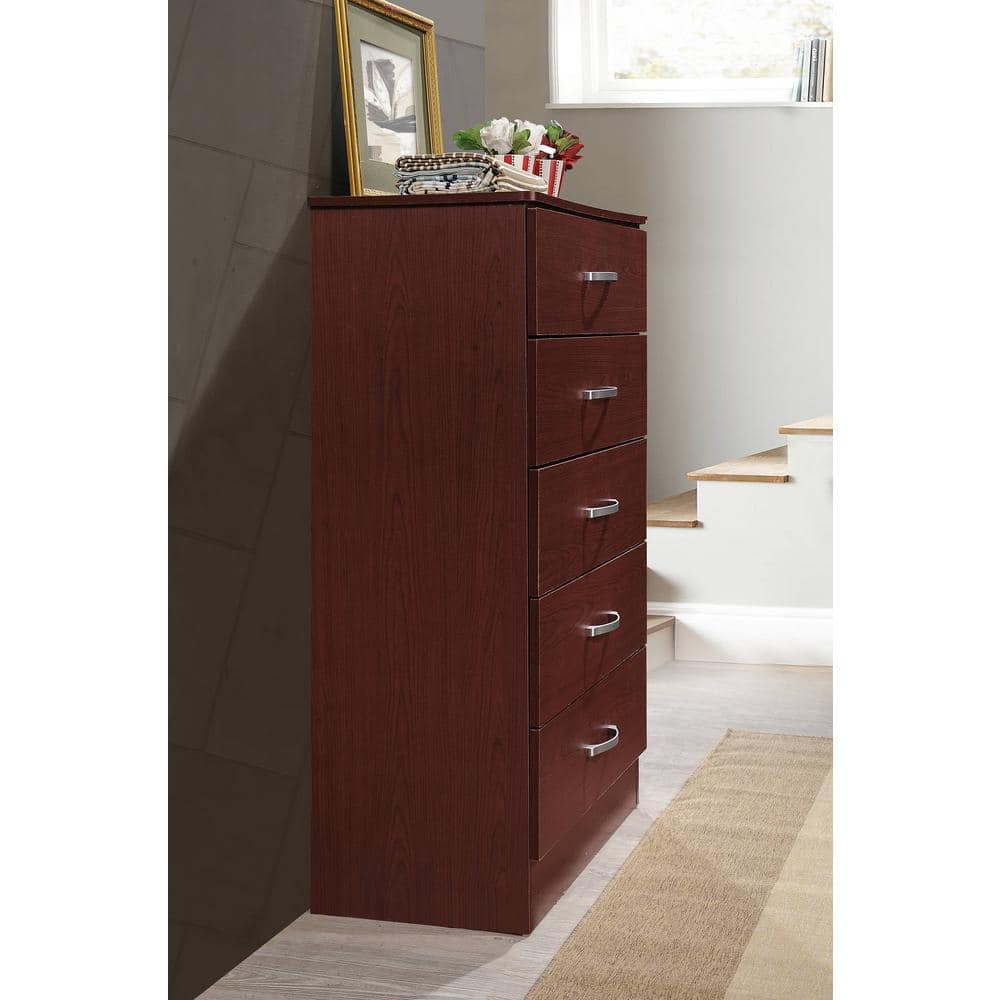 Mahogany 5-Drawer Vertical Chest with Metal Handles