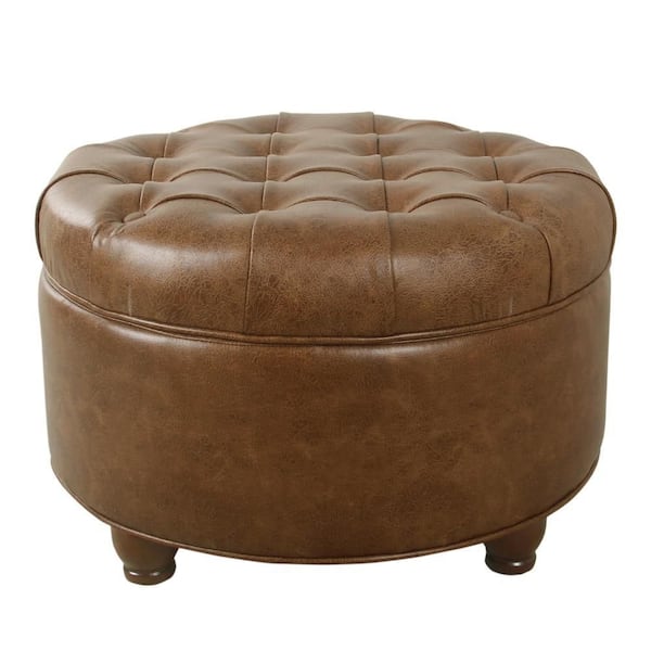 Gery Brown Faux Leather Round Accent Ottoman