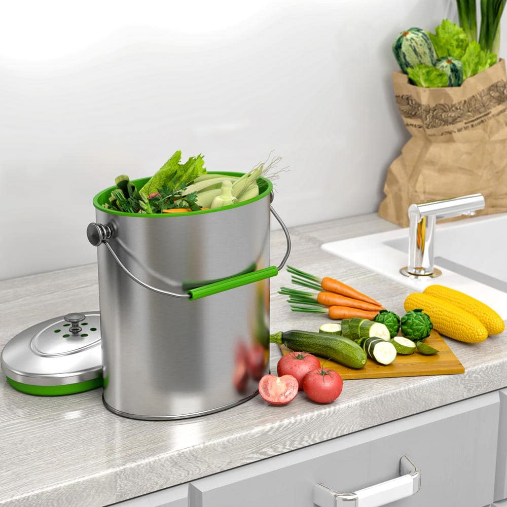 Titanium Stainless Steel 1.6 Gallon Kitchen Compost Bin with AbsorbX Odor Filter