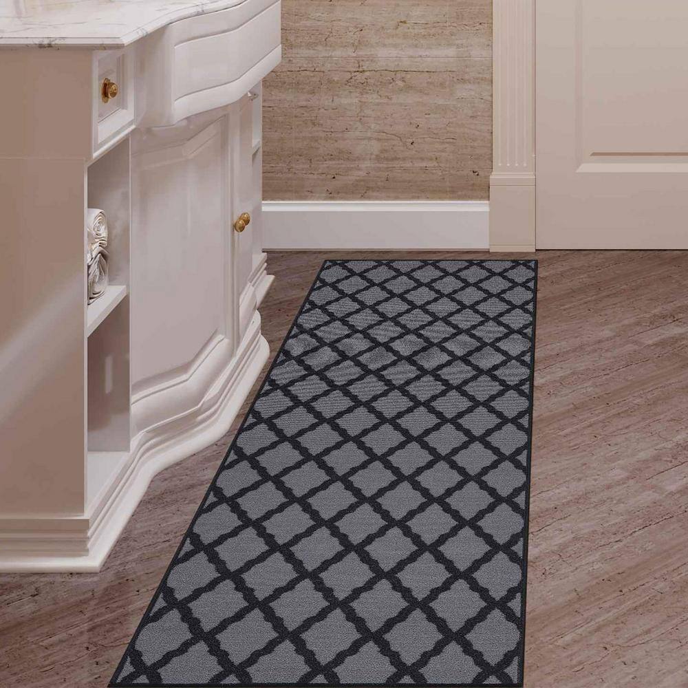 Dark Gray Washable Non-Slip Trellis Runner Rug